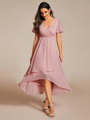 Exquisite Ruffles Sleeves V-Neck A-Line Chiffon Wedding Guest Dress
