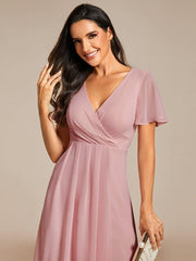 Exquisite Ruffles Sleeves V-Neck A-Line Chiffon Wedding Guest Dress