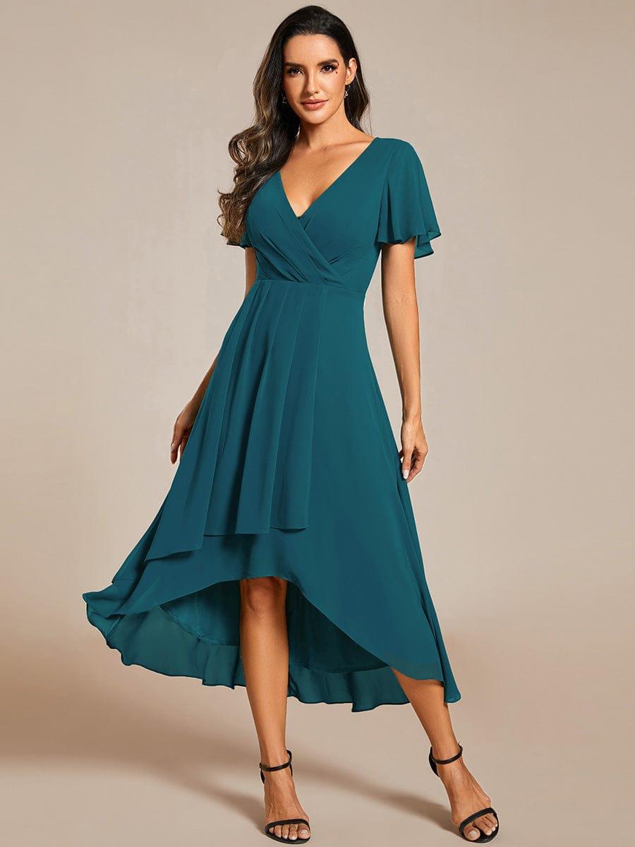 Exquisite Ruffles Sleeves V-Neck A-Line Chiffon Wedding Guest Dress