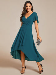 Exquisite Ruffles Sleeves V-Neck A-Line Chiffon Wedding Guest Dress