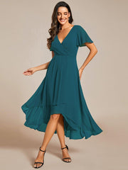 Exquisite Ruffles Sleeves V-Neck A-Line Chiffon Wedding Guest Dress