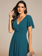 Exquisite Ruffles Sleeves V-Neck A-Line Chiffon Wedding Guest Dress