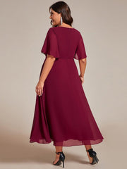 Chic Plus Size Short Sleeves V-Neck Wedding Guest Dress with Appliques