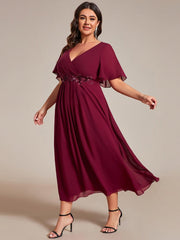 Chic Plus Size Short Sleeves V-Neck Wedding Guest Dress with Appliques