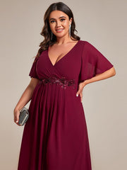Chic Plus Size Short Sleeves V-Neck Wedding Guest Dress with Appliques