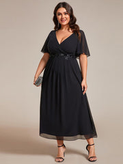Chic Plus Size Short Sleeves V-Neck Wedding Guest Dress with Appliques