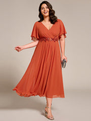 Chic Plus Size Short Sleeves V-Neck Wedding Guest Dress with Appliques