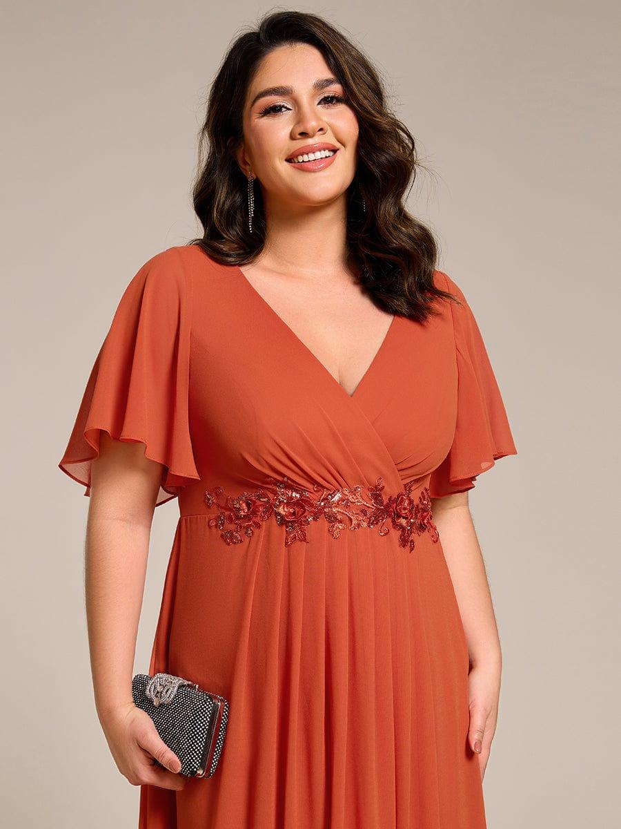 Chic Plus Size Short Sleeves V-Neck Wedding Guest Dress with Appliques