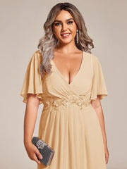 Chic Plus Size Short Sleeves V-Neck Wedding Guest Dress with Appliques