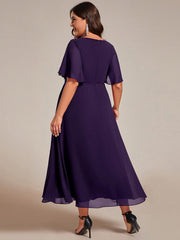 Chic Plus Size Short Sleeves V-Neck Wedding Guest Dress with Appliques