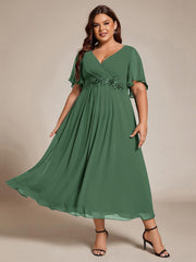 Chic Plus Size Short Sleeves V-Neck Wedding Guest Dress with Appliques