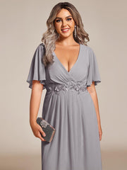 Chic Plus Size Short Sleeves V-Neck Wedding Guest Dress with Appliques