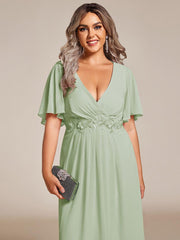 Chic Plus Size Short Sleeves V-Neck Wedding Guest Dress with Appliques