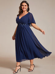 Chic Plus Size Short Sleeves V-Neck Wedding Guest Dress with Appliques