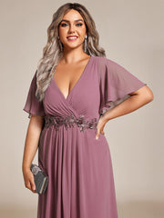Chic Plus Size Short Sleeves V-Neck Wedding Guest Dress with Appliques