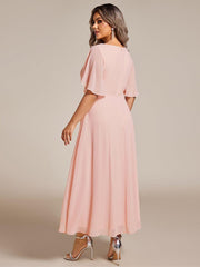 Chic Plus Size Short Sleeves V-Neck Wedding Guest Dress with Appliques