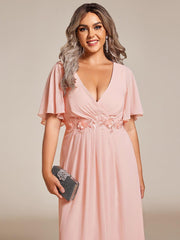 Chic Plus Size Short Sleeves V-Neck Wedding Guest Dress with Appliques