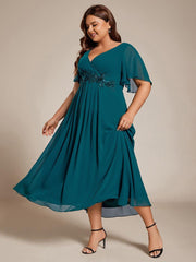 Chic Plus Size Short Sleeves V-Neck Wedding Guest Dress with Appliques