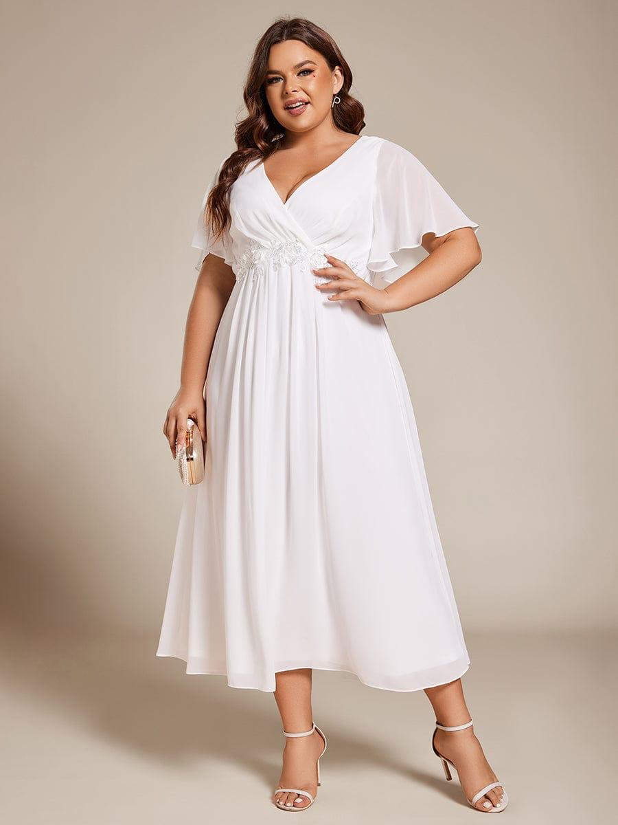 Chic Plus Size Short Sleeves V-Neck Wedding Guest Dress with Appliques