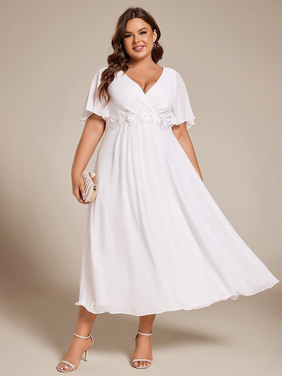 Chic Plus Size Short Sleeves V-Neck Wedding Guest Dress with Appliques