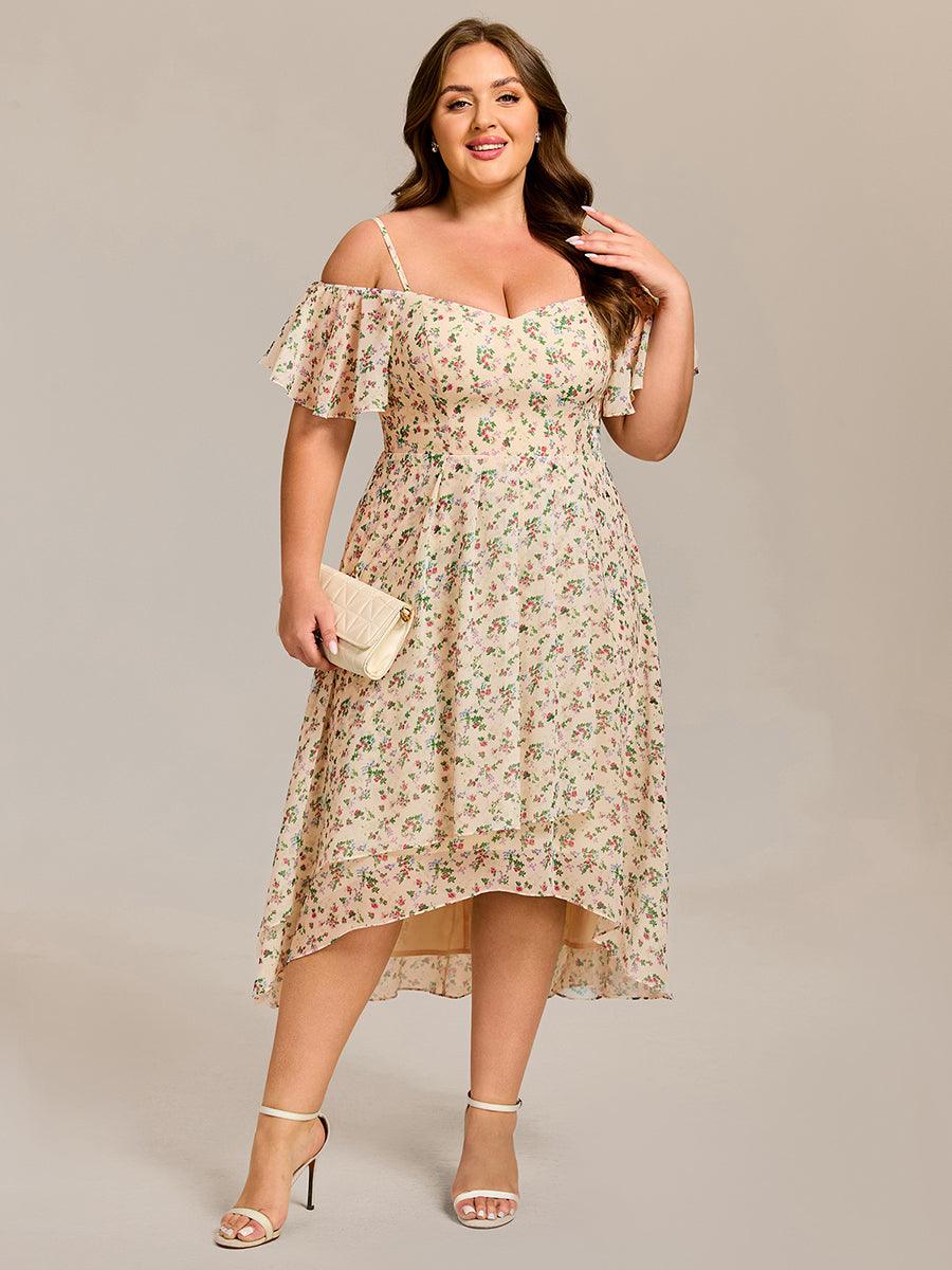 Vintage Plus Size Off-The-Shoulder Chiffon Midi Wedding Guest Dress