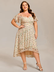 Vintage Plus Size Off-The-Shoulder Chiffon Midi Wedding Guest Dress