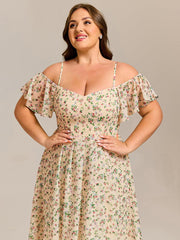 Vintage Plus Size Off-The-Shoulder Chiffon Midi Wedding Guest Dress