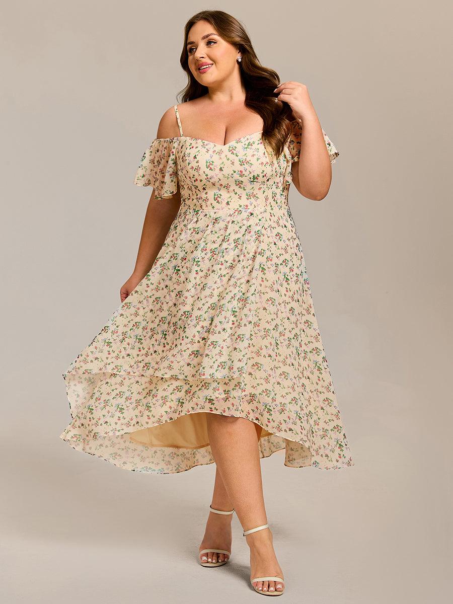 Vintage Plus Size Off-The-Shoulder Chiffon Midi Wedding Guest Dress