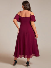 Vintage Plus Size Off-The-Shoulder Chiffon Midi Wedding Guest Dress