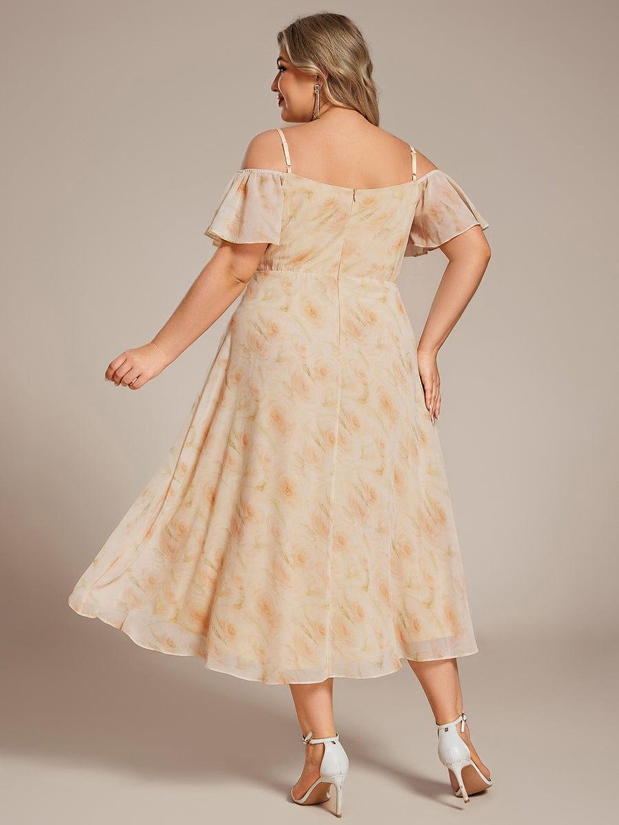 Vintage Plus Size Off-The-Shoulder Chiffon Midi Wedding Guest Dress