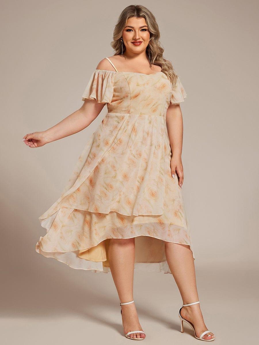Vintage Plus Size Off-The-Shoulder Chiffon Midi Wedding Guest Dress