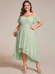 Vintage Plus Size Off-The-Shoulder Chiffon Midi Wedding Guest Dress