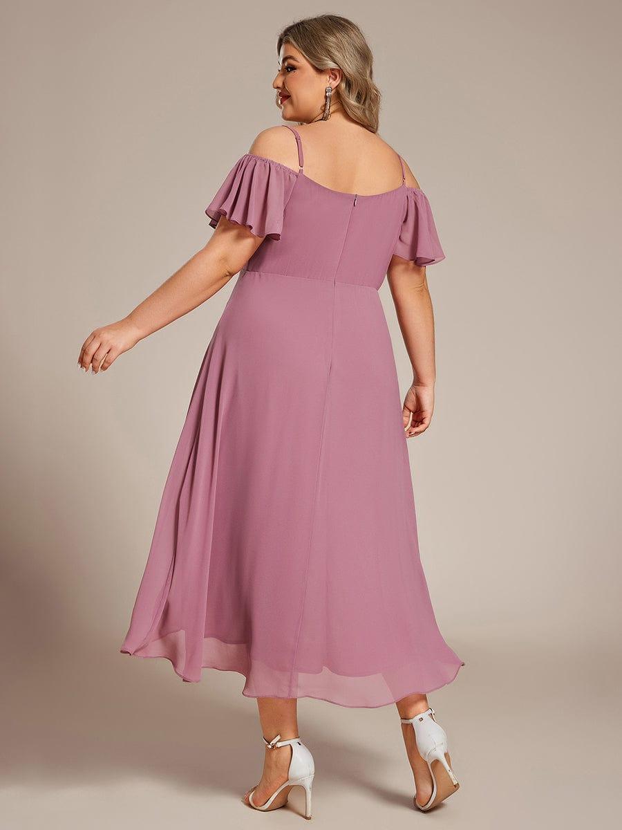 Vintage Plus Size Off-The-Shoulder Chiffon Midi Wedding Guest Dress