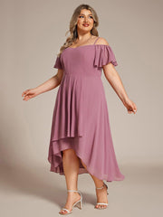 Vintage Plus Size Off-The-Shoulder Chiffon Midi Wedding Guest Dress