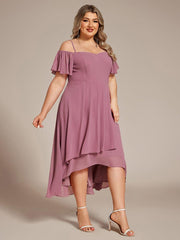 Vintage Plus Size Off-The-Shoulder Chiffon Midi Wedding Guest Dress