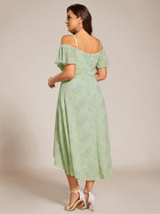 Vintage Plus Size Off-The-Shoulder Chiffon Midi Wedding Guest Dress