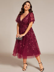 Beautiful Plus Size A-Line Tulle Formal Wedding Guest Dress with Short Sleeves