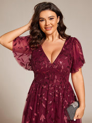 Beautiful Plus Size A-Line Tulle Formal Wedding Guest Dress with Short Sleeves