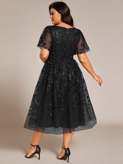 Beautiful Plus Size A-Line Tulle Formal Wedding Guest Dress with Short Sleeves