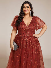 Beautiful Plus Size A-Line Tulle Formal Wedding Guest Dress with Short Sleeves