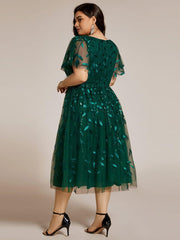 Beautiful Plus Size A-Line Tulle Formal Wedding Guest Dress with Short Sleeves