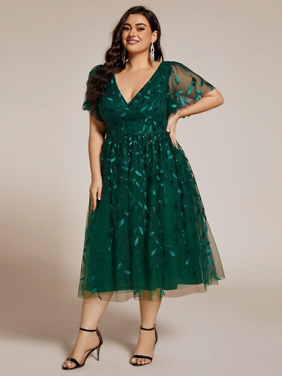 Beautiful Plus Size A-Line Tulle Formal Wedding Guest Dress with Short Sleeves