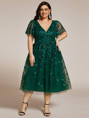 Beautiful Plus Size A-Line Tulle Formal Wedding Guest Dress with Short Sleeves
