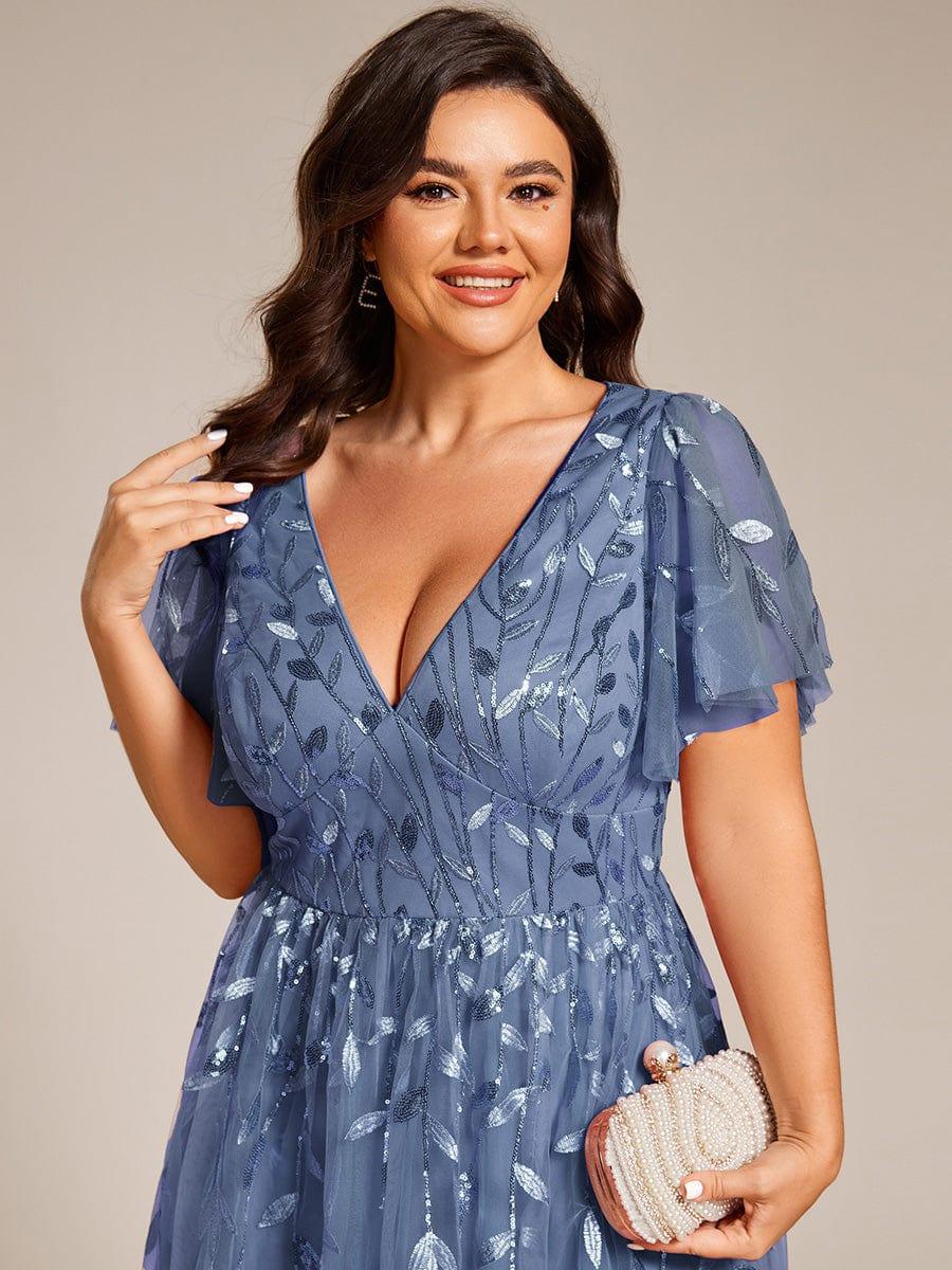 Beautiful Plus Size A-Line Tulle Formal Wedding Guest Dress with Short Sleeves
