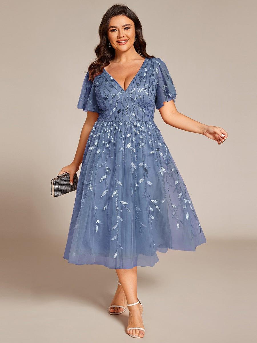 Beautiful Plus Size A-Line Tulle Formal Wedding Guest Dress with Short Sleeves