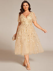 Beautiful Plus Size A-Line Tulle Formal Wedding Guest Dress with Short Sleeves