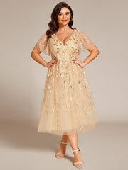 Beautiful Plus Size A-Line Tulle Formal Wedding Guest Dress with Short Sleeves