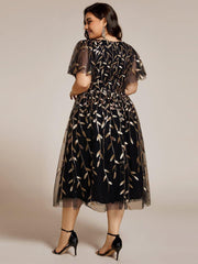Beautiful Plus Size A-Line Tulle Formal Wedding Guest Dress with Short Sleeves