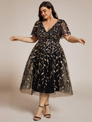 Beautiful Plus Size A-Line Tulle Formal Wedding Guest Dress with Short Sleeves