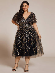 Beautiful Plus Size A-Line Tulle Formal Wedding Guest Dress with Short Sleeves